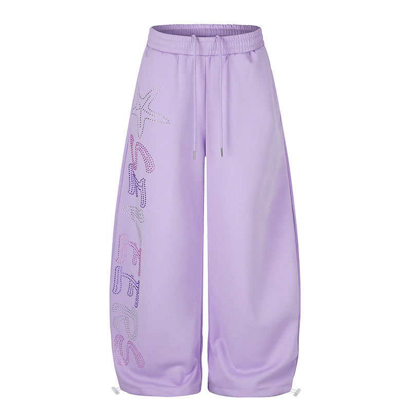 Women's Extra Wide Palazzo Jogger Pants with Drawstring Waistband, Adjustable Hem and Rhinestone Lettering EVA-US