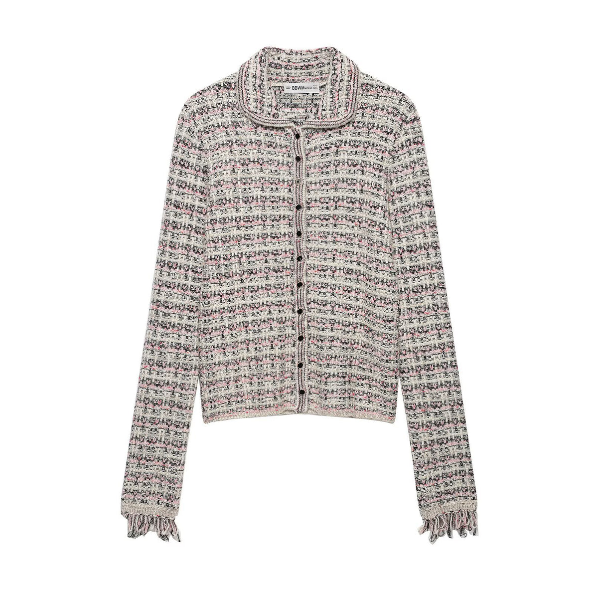 Women's tweed cardigan with round collar, continuous button placket and fringe trim EVA-US