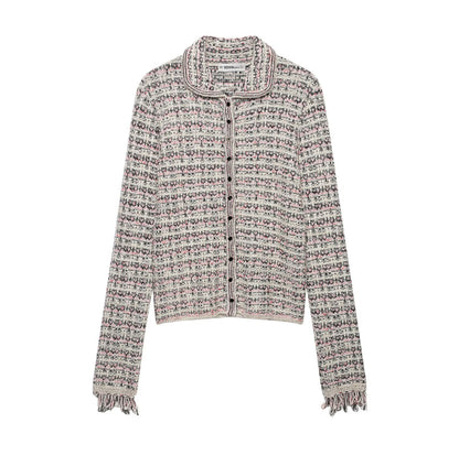Women's tweed cardigan with round collar, continuous button placket and fringe trim EVA-US