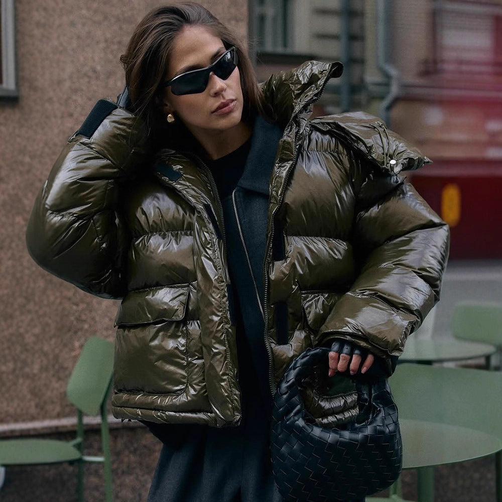 Women's padded short jacket with high-gloss finish, oversized cut, and hood EVA-US