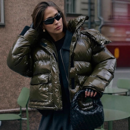 Women's padded short jacket with high-gloss finish, oversized cut, and hood EVA-US