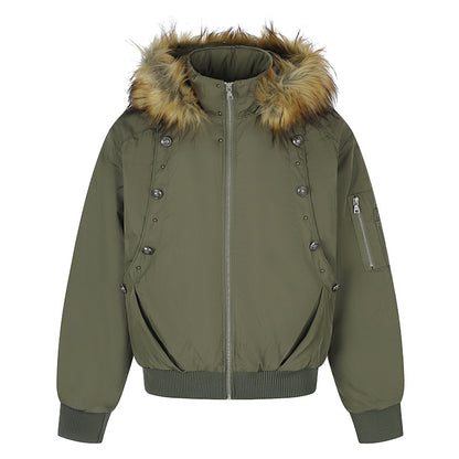 Women's short-cut bomber jacket with faux fur hood and eyelet application EVA-US