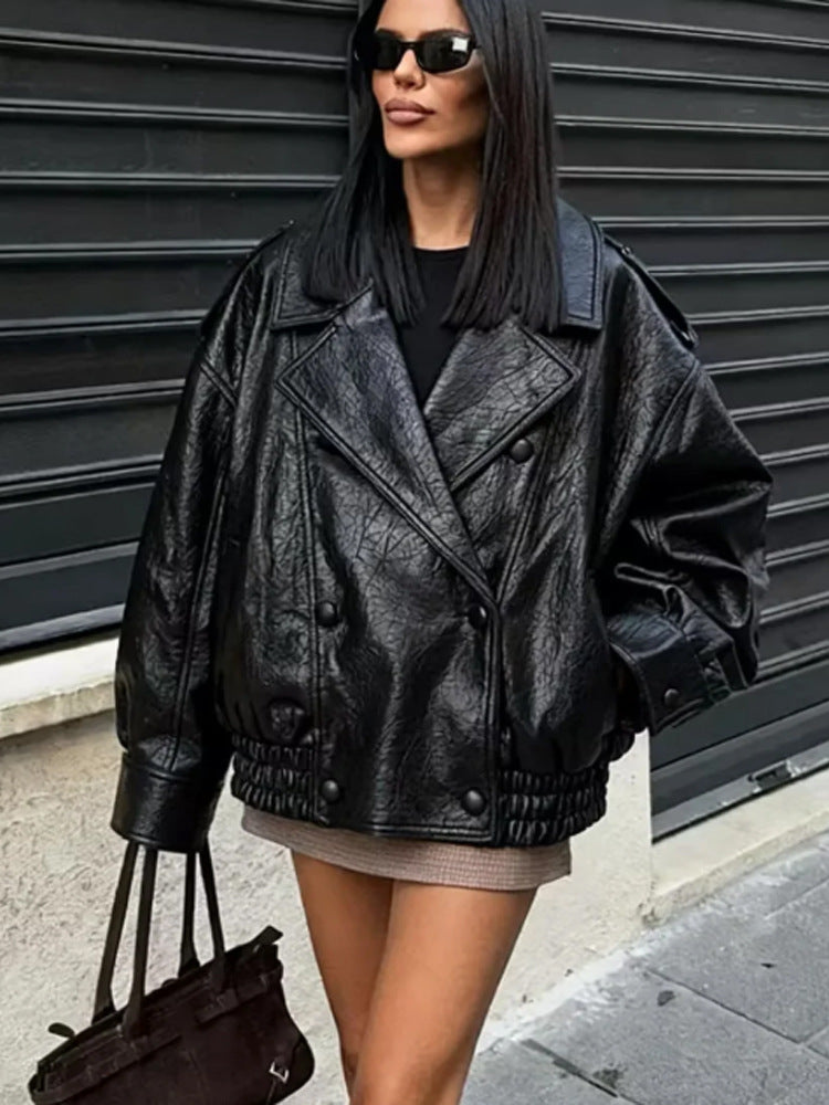 Women's Oversized Faux Leather Blouson with Double-Breasted Button Placket, Wide Lapels and Elastic Hem