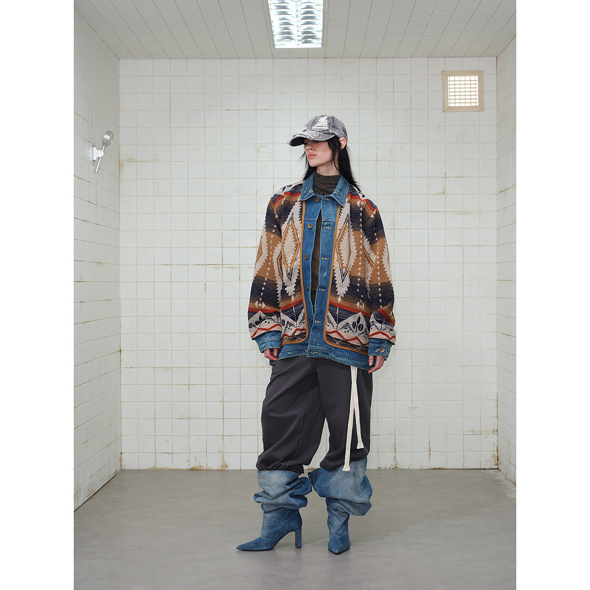 Unisex Loose-Fitting Jacquard Liner Jacket with Denim Trim and Graphic Ethno Pattern EVA-US