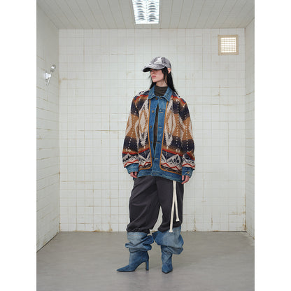 Unisex Loose-Fitting Jacquard Liner Jacket with Denim Trim and Graphic Ethno Pattern EVA-US