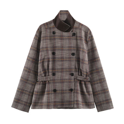 Ladies Short Double-Breasted Tailored Check Jacket with Stand Collar and Waist Straps EVA-US