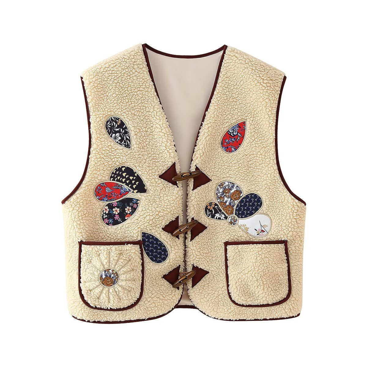 Ladies Padded Teddy Vest with Patchwork Applications and Toggle Closures EVA-US