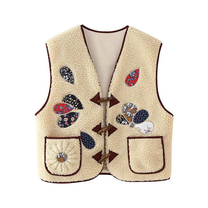 Ladies Padded Teddy Vest with Patchwork Applications and Toggle Closures EVA-US
