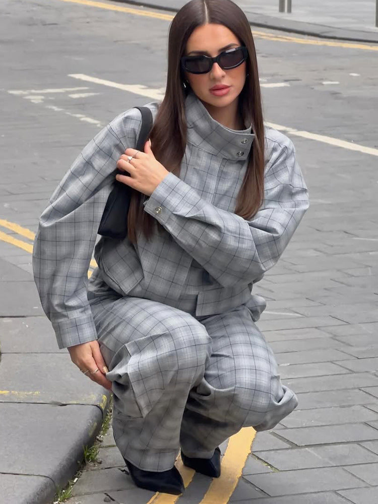Women Oversize Checked Two-Piece from Tailormix with Stand-Up Collar EVA-US