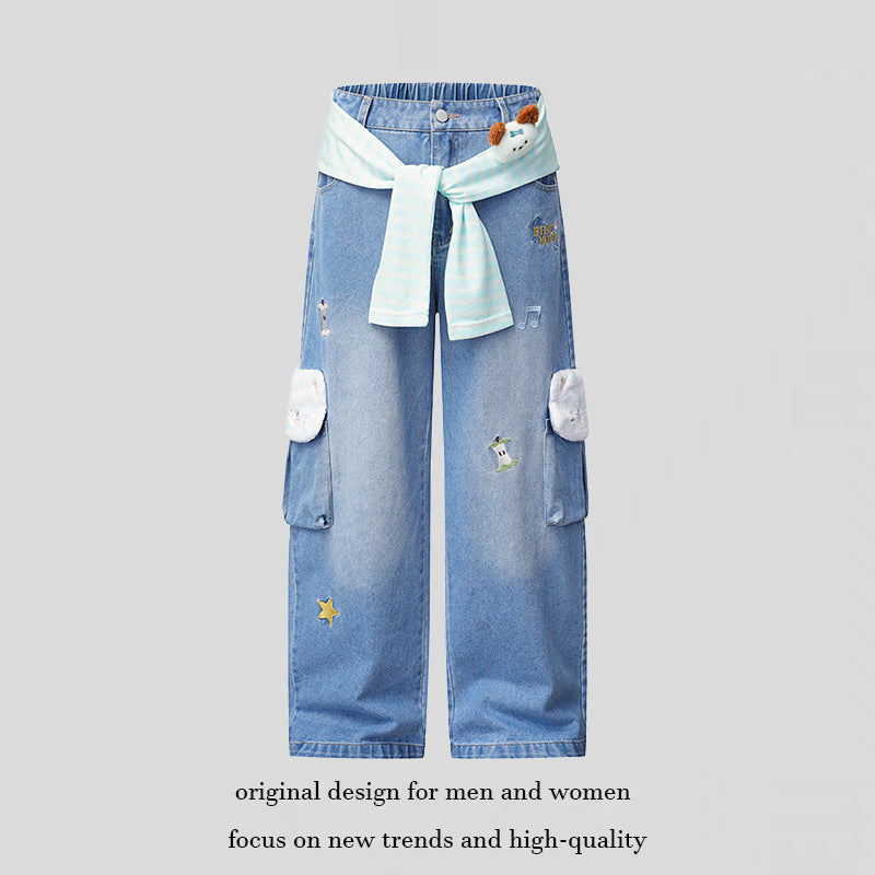 Women Wide Cargo Jeans with Plush Pockets, Embroidery and Elastic Waist EVA-US