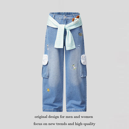 Women Wide Cargo Jeans with Plush Pockets, Embroidery and Elastic Waist EVA-US