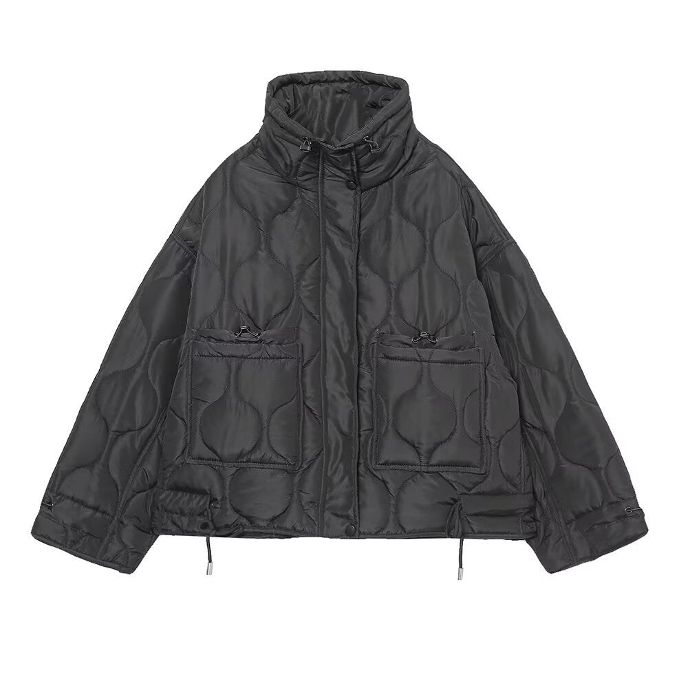 Women's quilted jacket with standing collar oversized short jacket with drawstring EVA-US