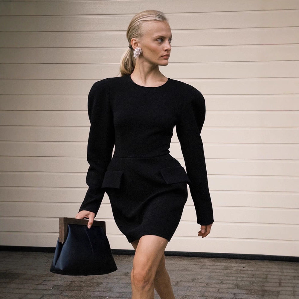 Women Tailored Minidress with Structured Shoulders, Long Sleeves and Suggested Peplum EVA-US