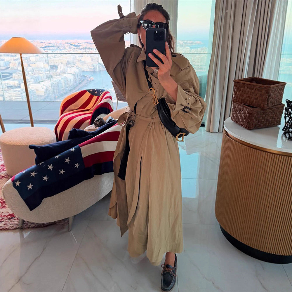 Women's Oversized Trench Coat with Voluminous Balloon Sleeves, Drawstring, and Removable Hood EVA-US