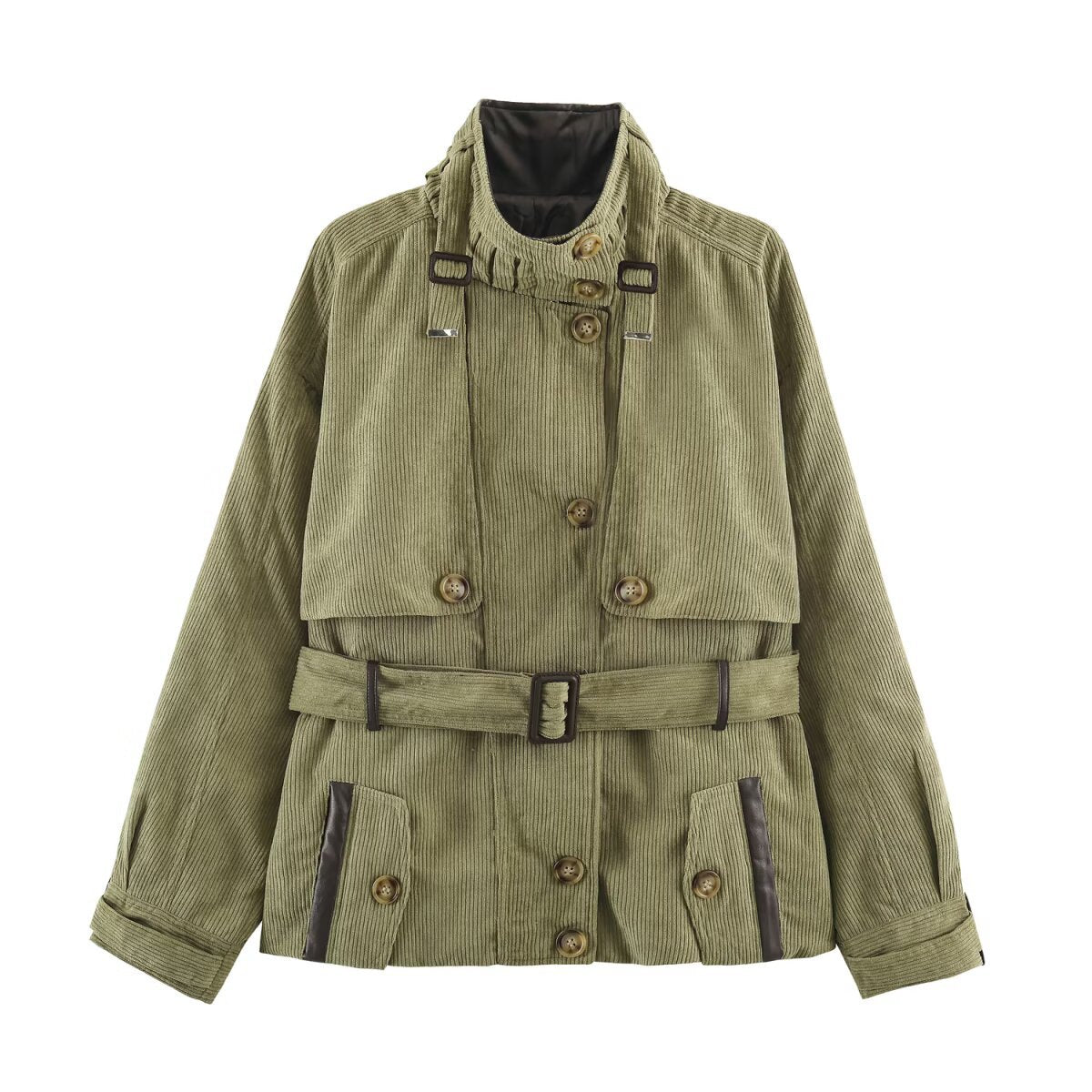 Women's Cord Field Jacket with Waist Belt and Stand-Up Collar EVA-US