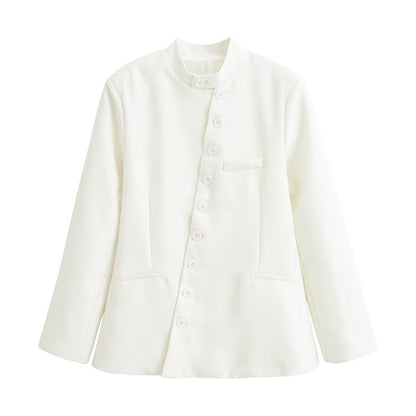 Women's asymmetrical buttoned short blazer with stand-up collar and patch pockets EVA-US