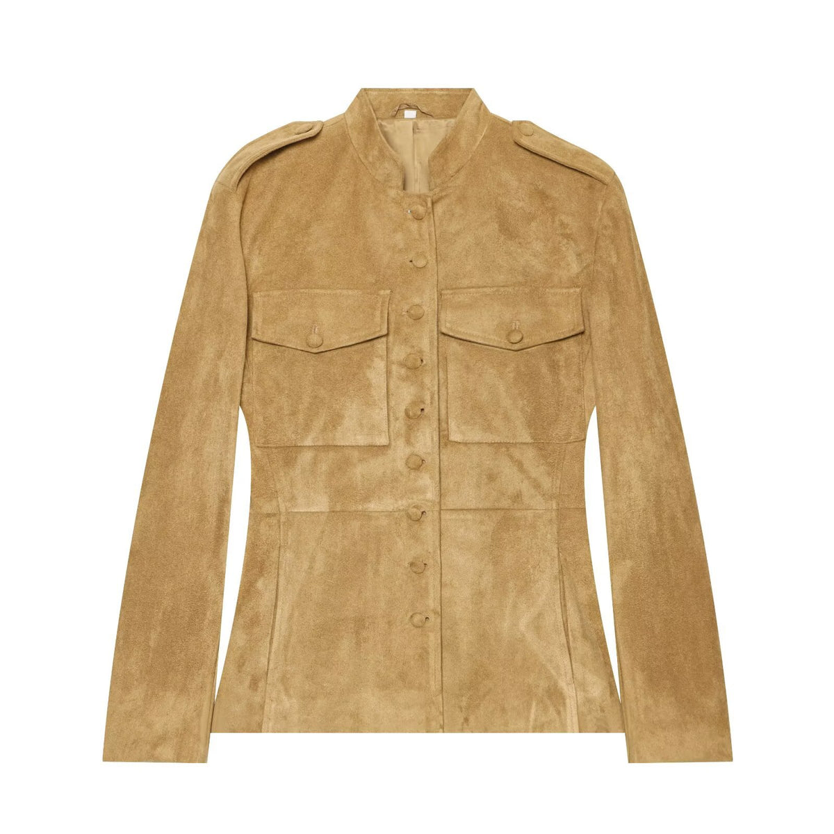 Women's Tailored Suede-Look Jacket in Military Style with Stand-up Collar and Shoulder Straps EVA-US