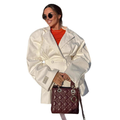 Women's Tailored Oversized Blazer with Emphasized Shoulder Area and Pleats Down