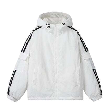 Unisex Short Boxy Padded Hooded Jacket with Sleeve Utility Pocket and Side Insertion Pockets EVA-US