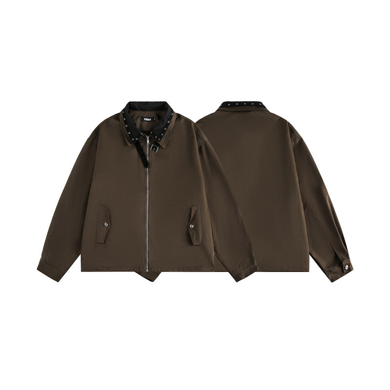Unisex Boxy Blouson Jacket with Stud Decoration at the Buckle Collar and Concealed Zipper EVA-US