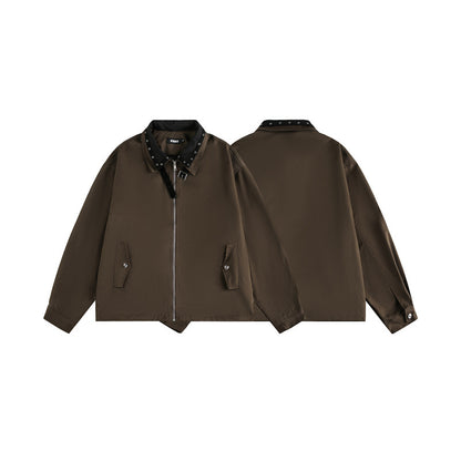 Unisex Boxy Blouson Jacket with Stud Decoration at the Buckle Collar and Concealed Zipper EVA-US