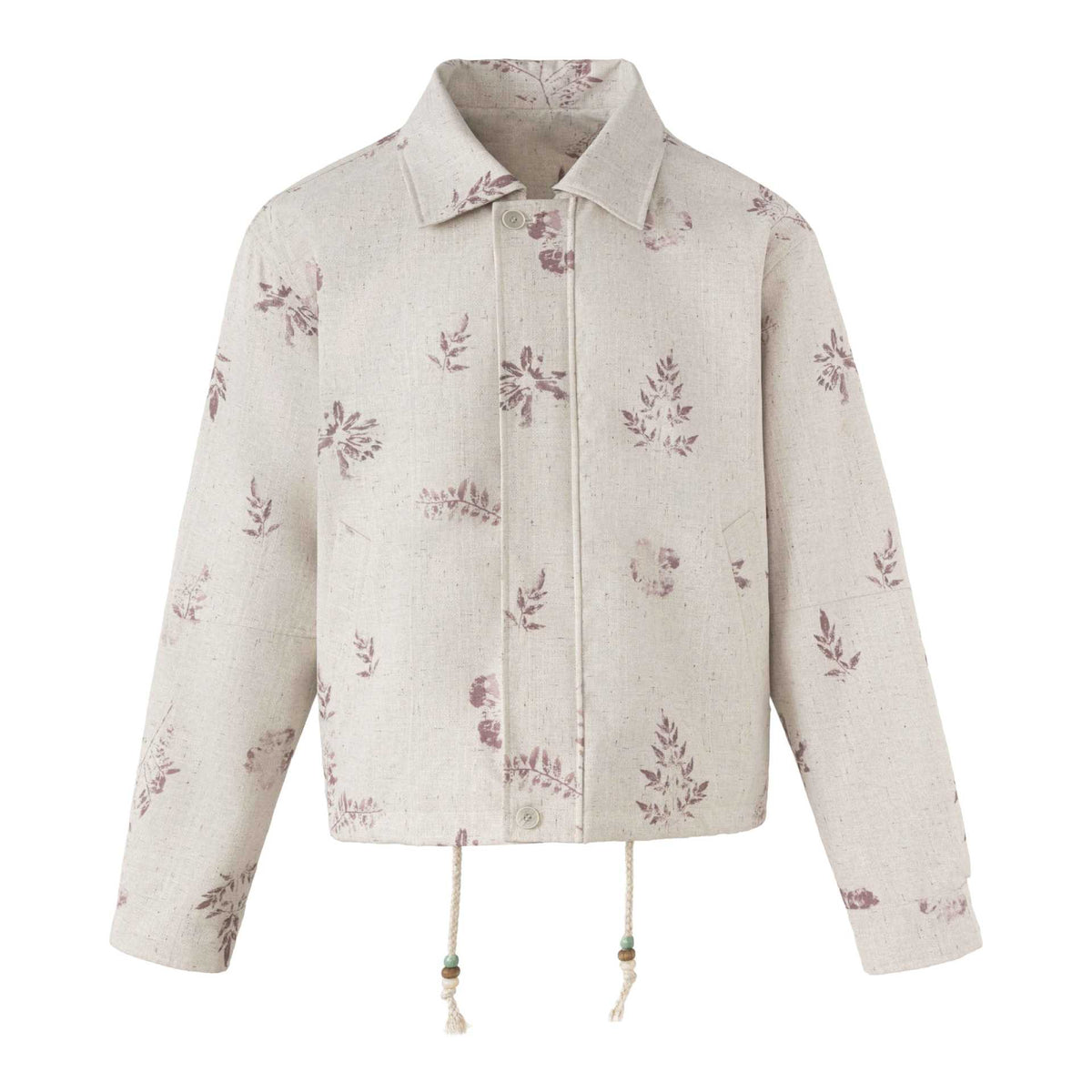 Women's Short Floral Linen Blouson with Drawstring, Concealed Button Placket and Shirt Collar EVA-US