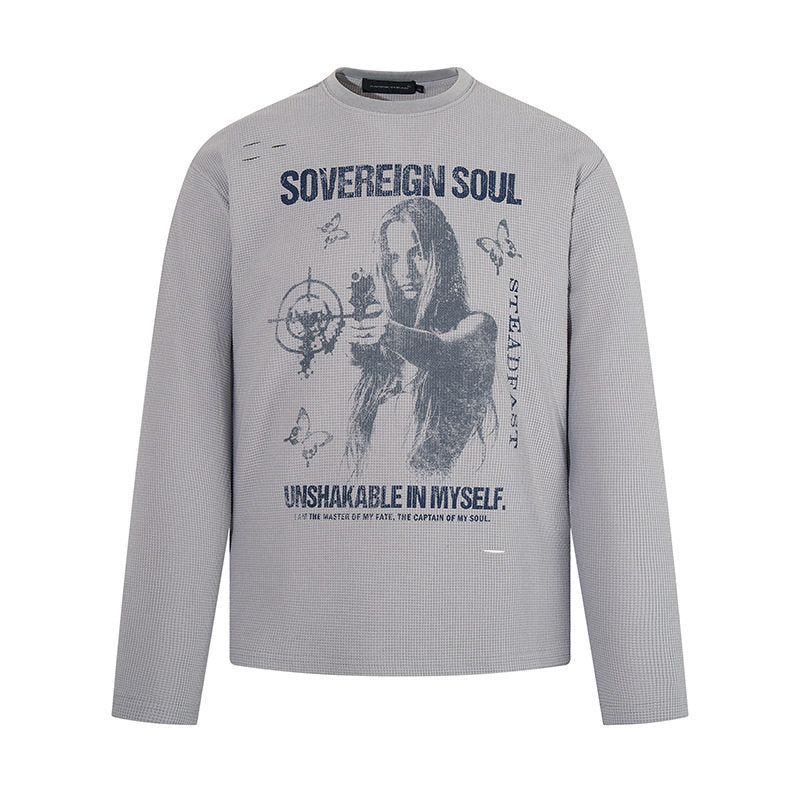 Men's long sleeve shirt in waffle knit with vintage graphic and relaxed fit EVA-US