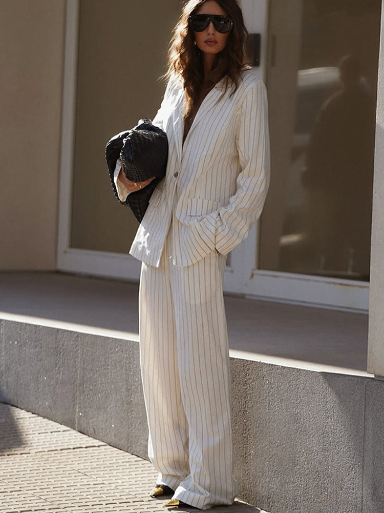 Women Two-Piece Pinstripe Suit Set with Oversized Blazer and Wide Pleated Trousers EVA-US