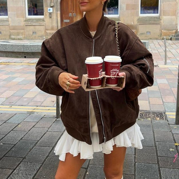Women's Oversize Suede Bomber Jacket with Zipper & Ribbed Cuffs EVA-US