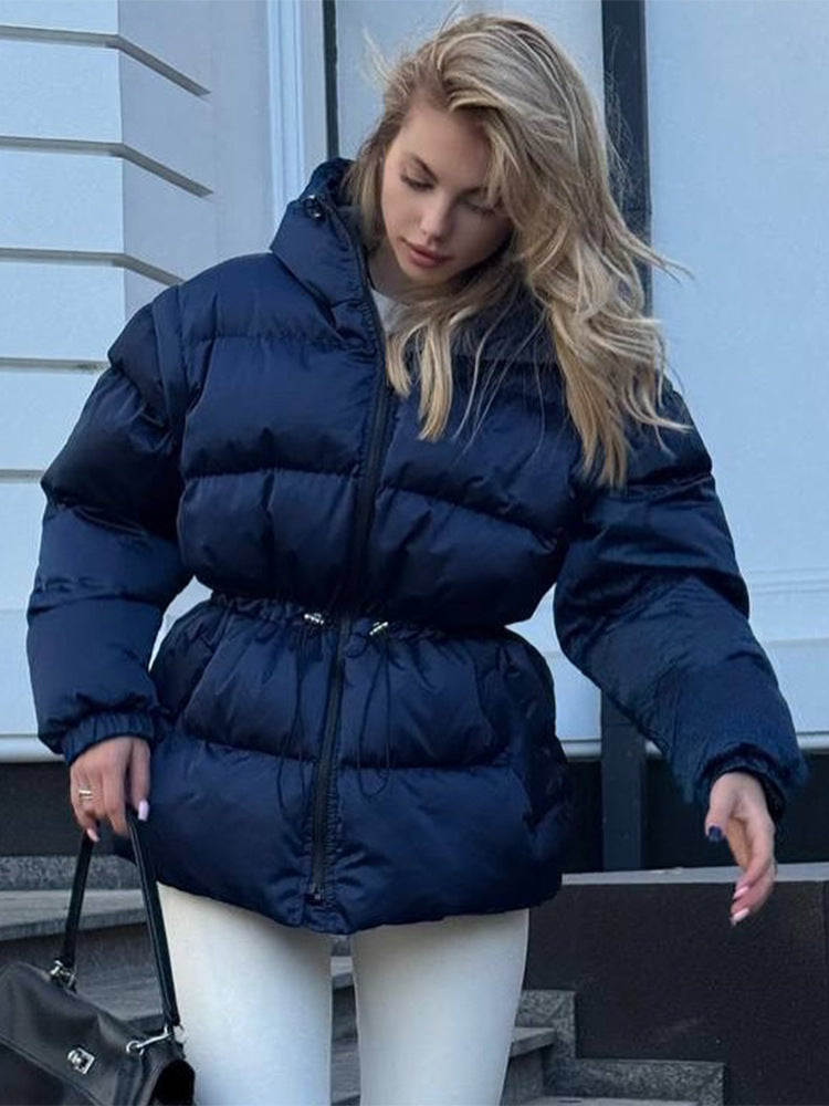 Women Padded Hooded Quilted Jacket with Waist Drawstring and Boxy Sleeves EVA-US
