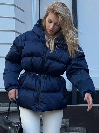 Women Padded Hooded Quilted Jacket with Waist Drawstring and Boxy Sleeves EVA-US