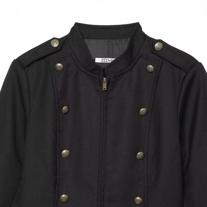 Women's Tailored Short Jacket in Military Style with Stand-Up Collar and Decorative Buttons EVA-US