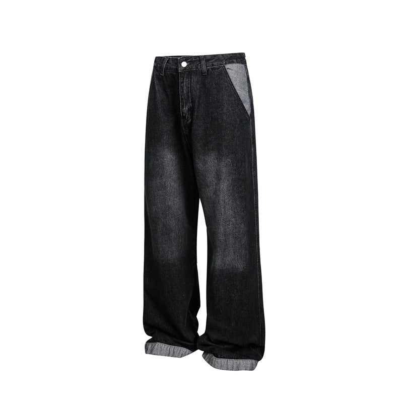 Unisex Wide Baggy Denim Pants with High Waist and Contrasting Pockets EVA-US