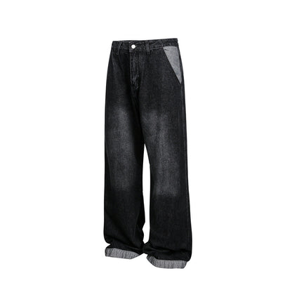 Unisex Wide Baggy Denim Pants with High Waist and Contrasting Pockets EVA-US