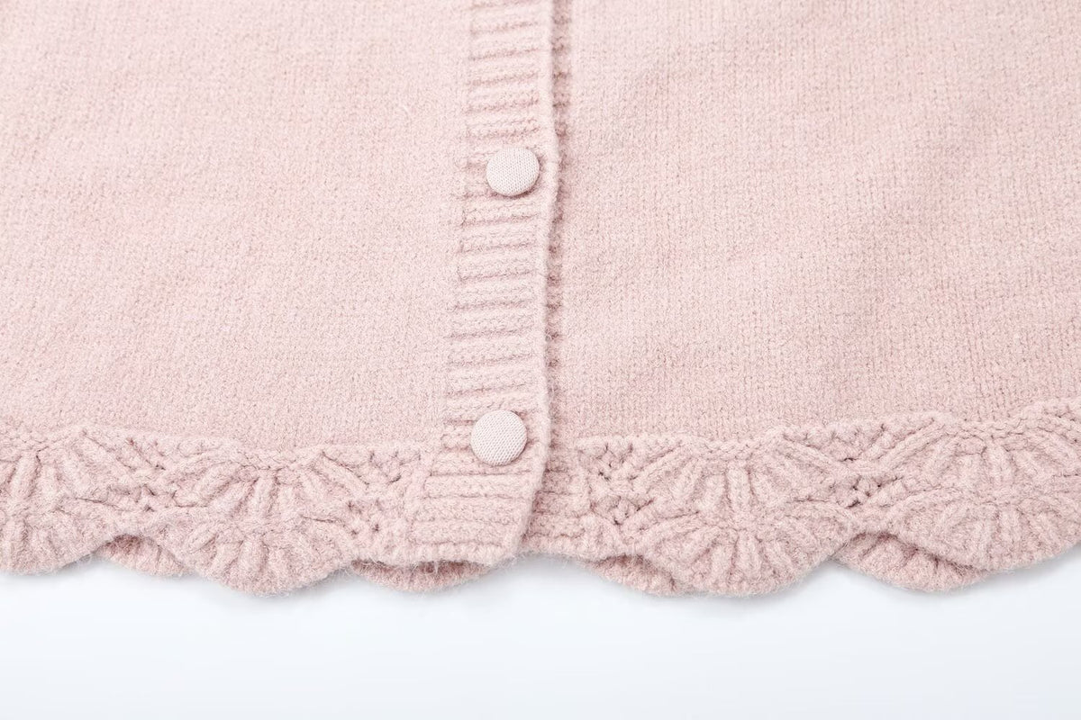 Women's fine knit cardigan with hood, button placket and crocheted trim EVA-US