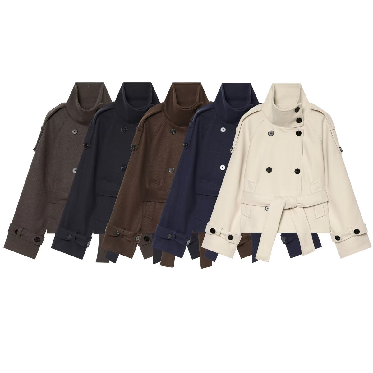 Ladies short cape jacket made of wool blend with high standing collar, double-breasted and tie belt EVA-US