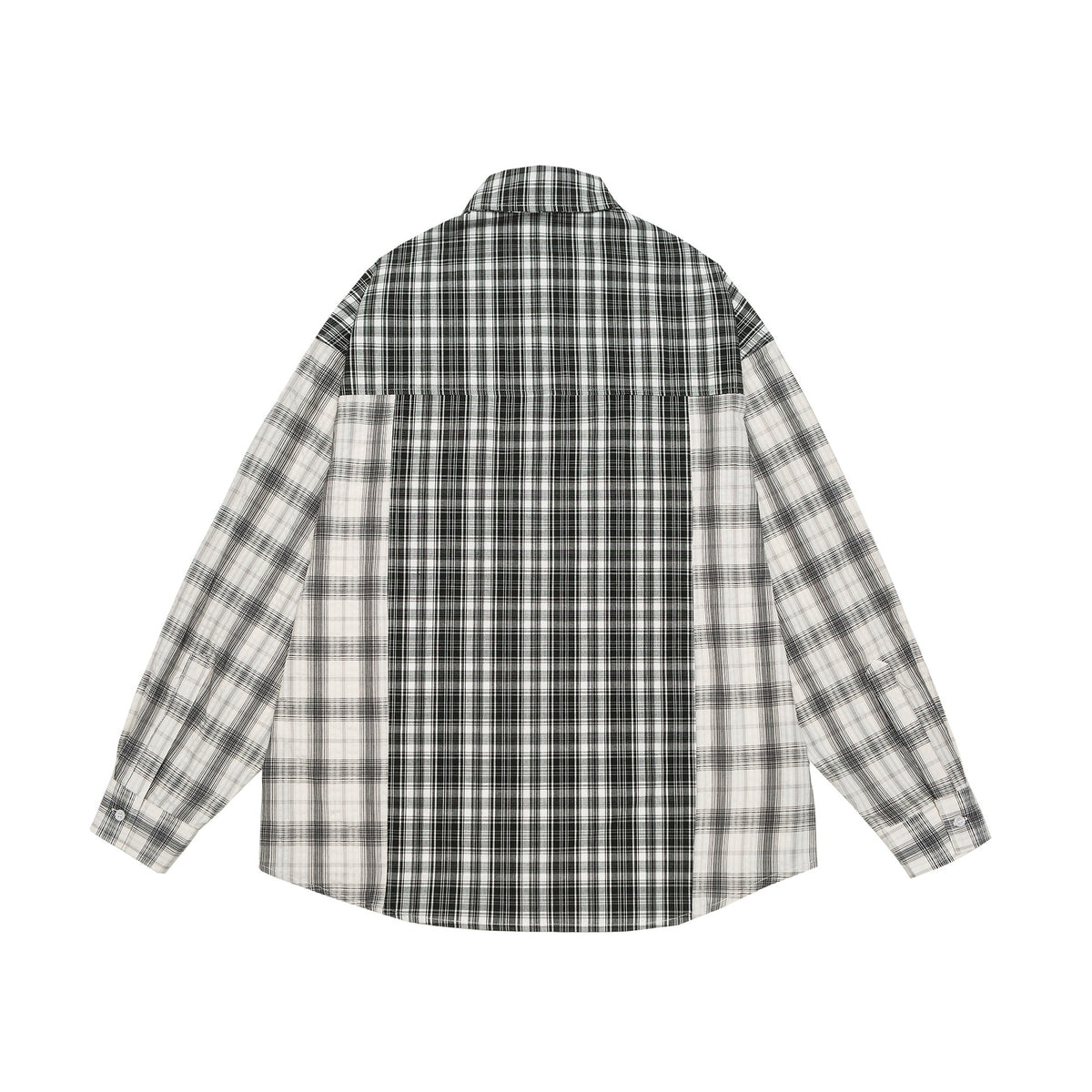 Unisex Oversized Shirt Jacket with Patchwork Check Pattern and Rounded Hem EVA-US