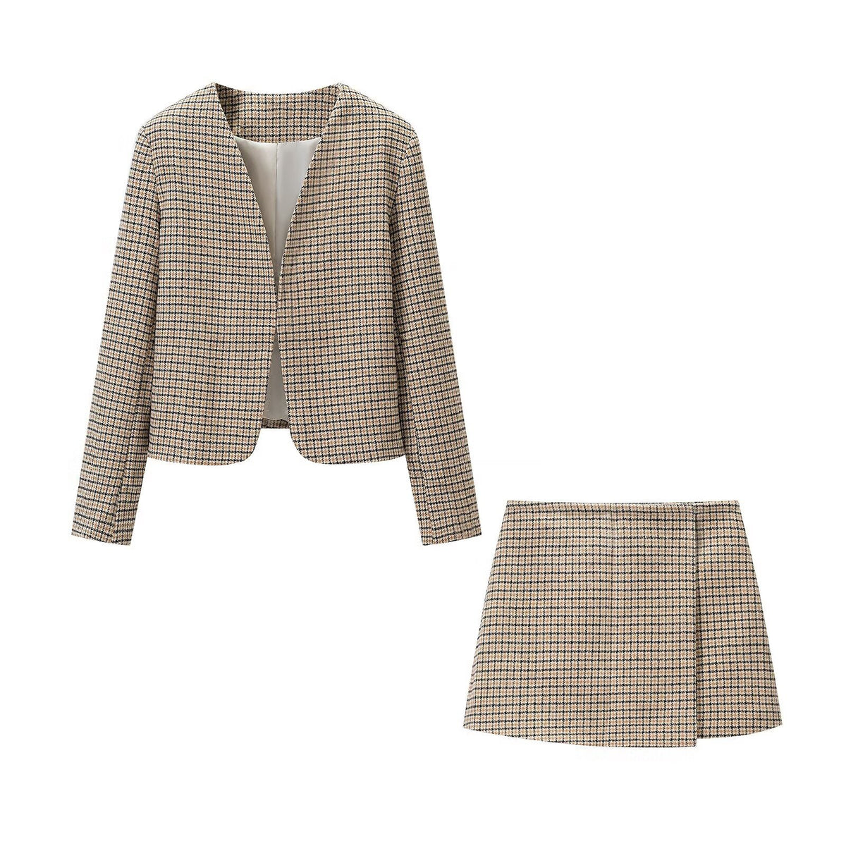 Ladies Two-Piece Tweed Ensemble with Collarless Cropped Blazer and A-Line Mini Skirt EVA-US