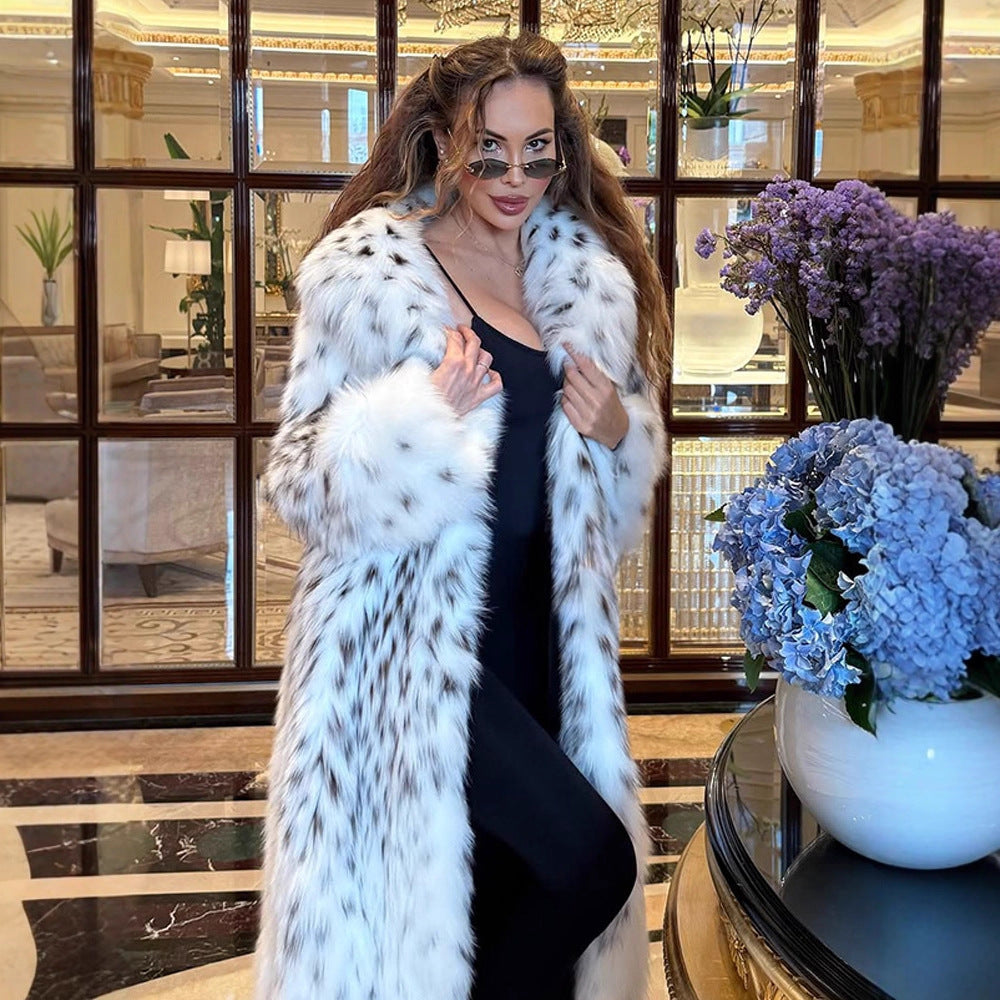 Women's luxurious long plush faux fur coat with opulent fur collar and speckled design EVA-US
