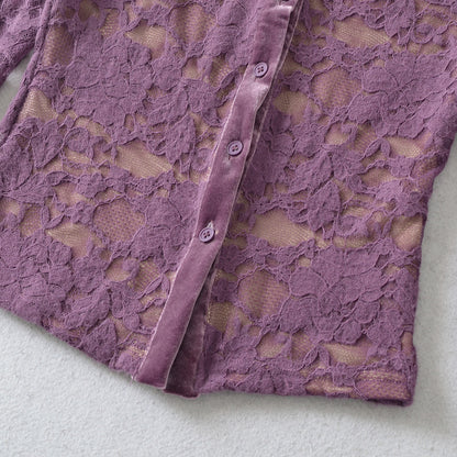 Ladies Fine Lace Cardigan with Matching Under Top and Velvet Trim EVA-US