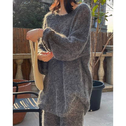 Women Mohair-Optic Lounge Set with Oversized Round Neck Sweater and Straight Knit Pants EVA-US