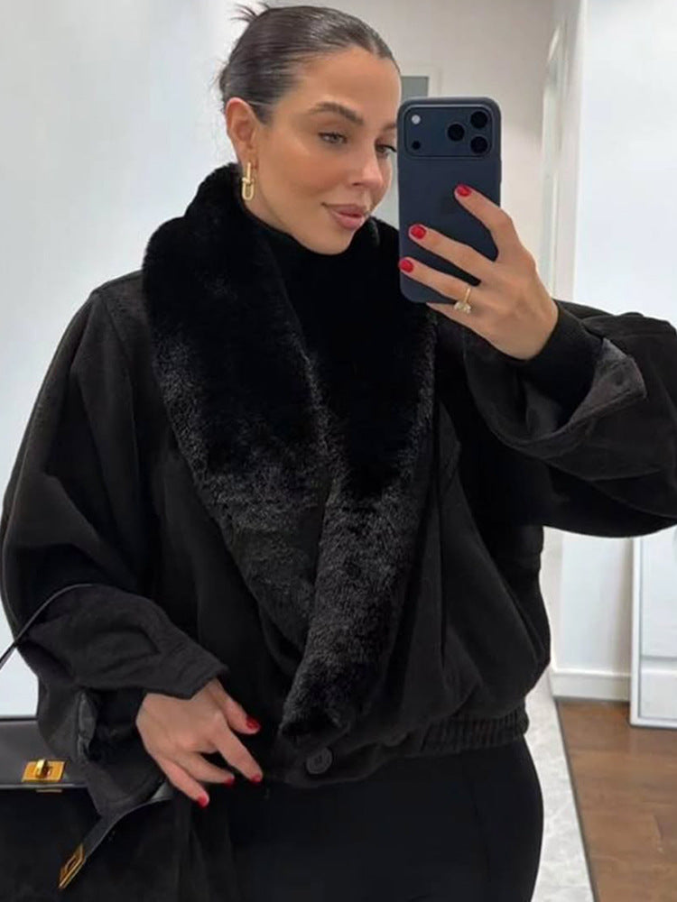 Women’s short jacket with voluminous faux fur shawl collar and elastic hem EVA-US