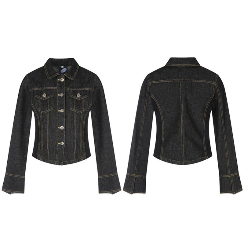 Women's tailored cropped denim jacket with shaping seams, chest patches, and decorative buttons EVA-US