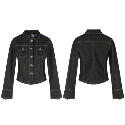 Women's tailored cropped denim jacket with shaping seams, chest patches, and decorative buttons EVA-US