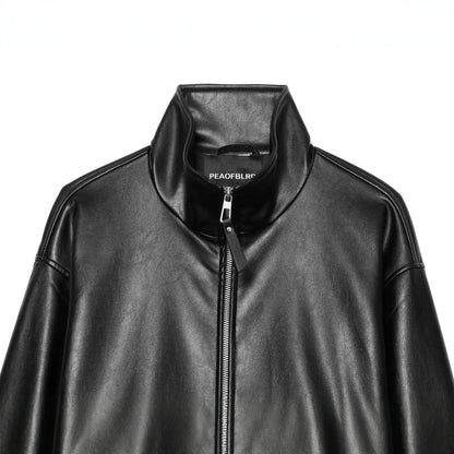 Ladies Cropped Faux Leather Jacket with Stand Collar and Zip Closure EVA-US