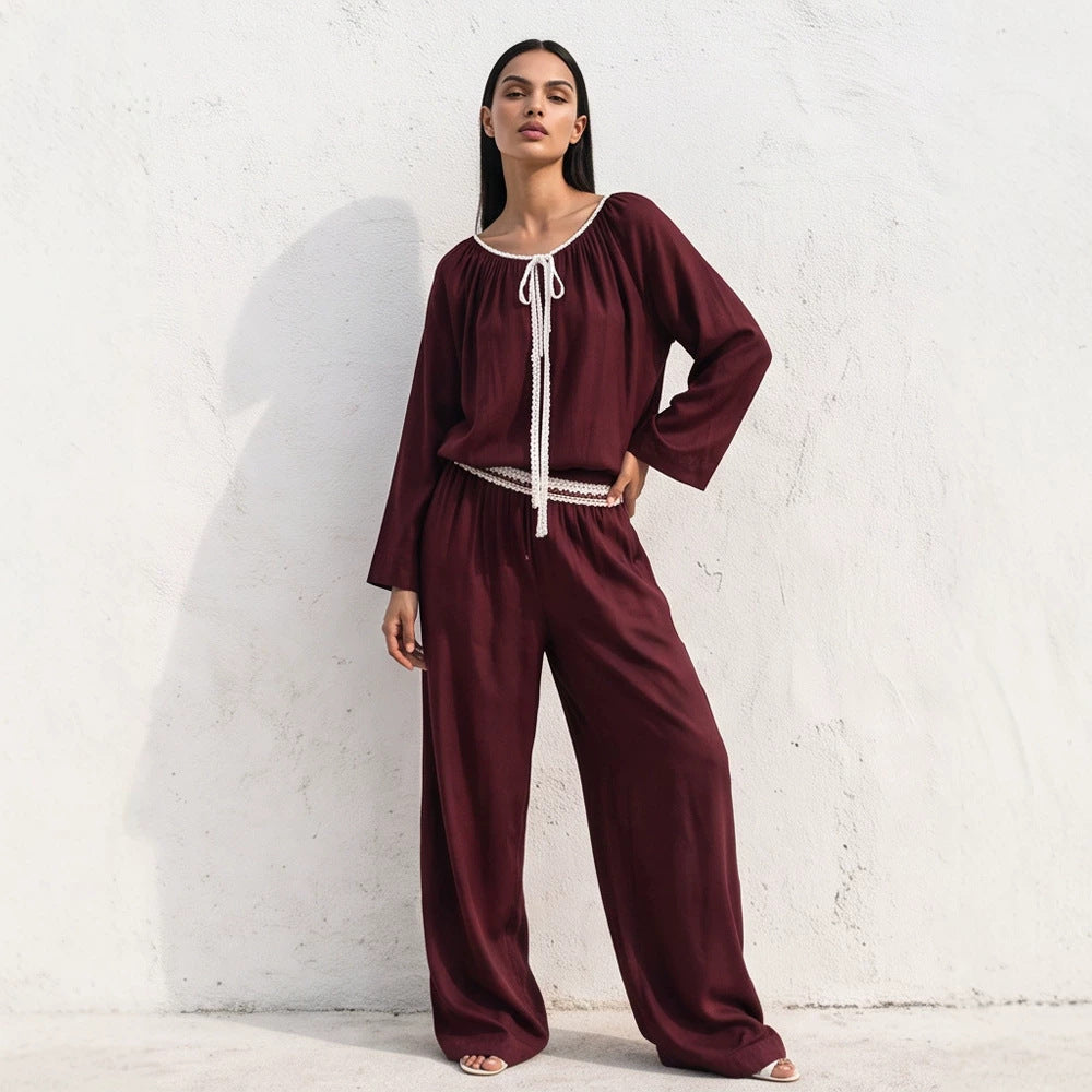 Ladies Flowing Two-Piece Loungewear Set in Silk Look with Wide Palazzo Pants and Gathered Tunic EVA-US
