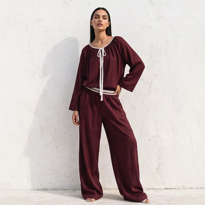 Ladies Flowing Two-Piece Loungewear Set in Silk Look with Wide Palazzo Pants and Gathered Tunic EVA-US