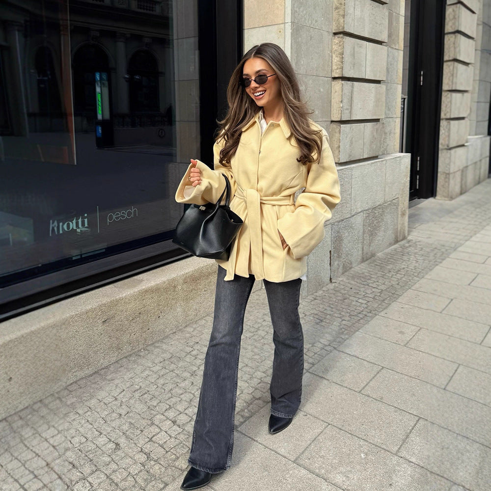Women's Wool Blend Short Jacket with Tie Belt, Boxy Silhouette and Subtle Lapel EVA-US