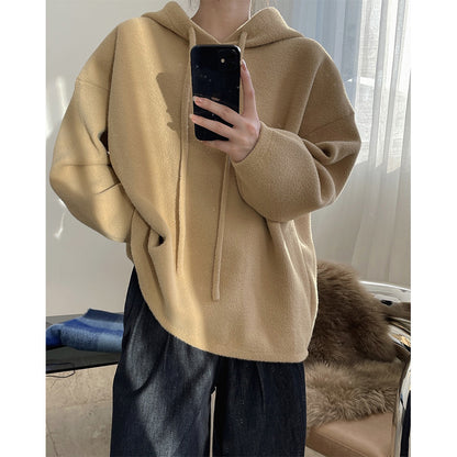 Women's Cozy Wool Blend Hoodie in Boxy A-Line Cut with Drawstring Hood