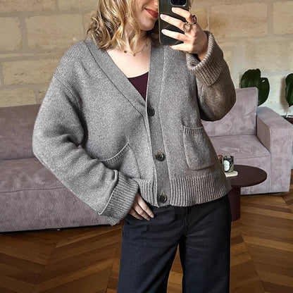 Ladies Boxy Cardigan with V-Neck, Pockets and Horn Buttons EVA-US